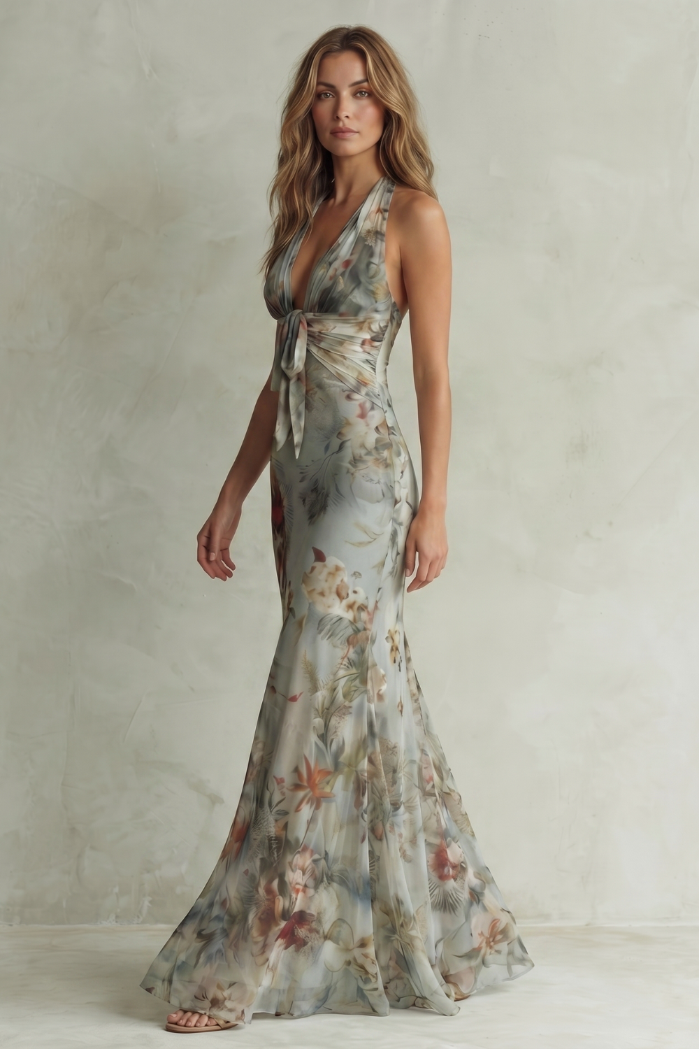 Cecile | Maxi Dress Sage Blue Floral Chiffon Halter Tie-Front for Women