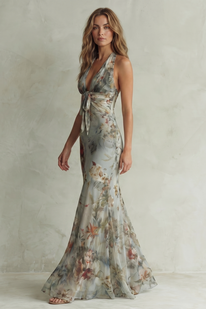Cecile | Maxi Dress Sage Blue Floral Chiffon Halter Tie-Front for Women