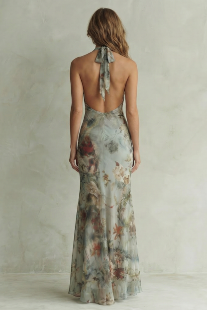 Cecile | Maxi Dress Sage Blue Floral Chiffon Halter Tie-Front for Women