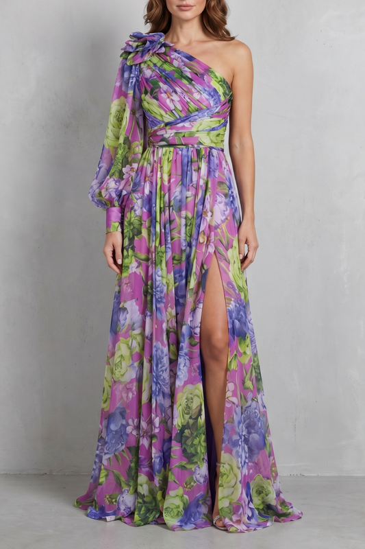 Georgie | Maxi Dress Pink Floral Chiffon One-Shoulder for Women