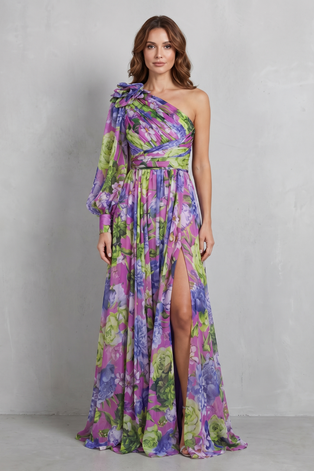 Georgie | Maxi Dress Pink Floral Chiffon One-Shoulder for Women