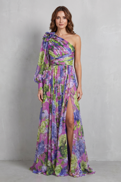 Georgie | Maxi Dress Pink Floral Chiffon One-Shoulder for Women