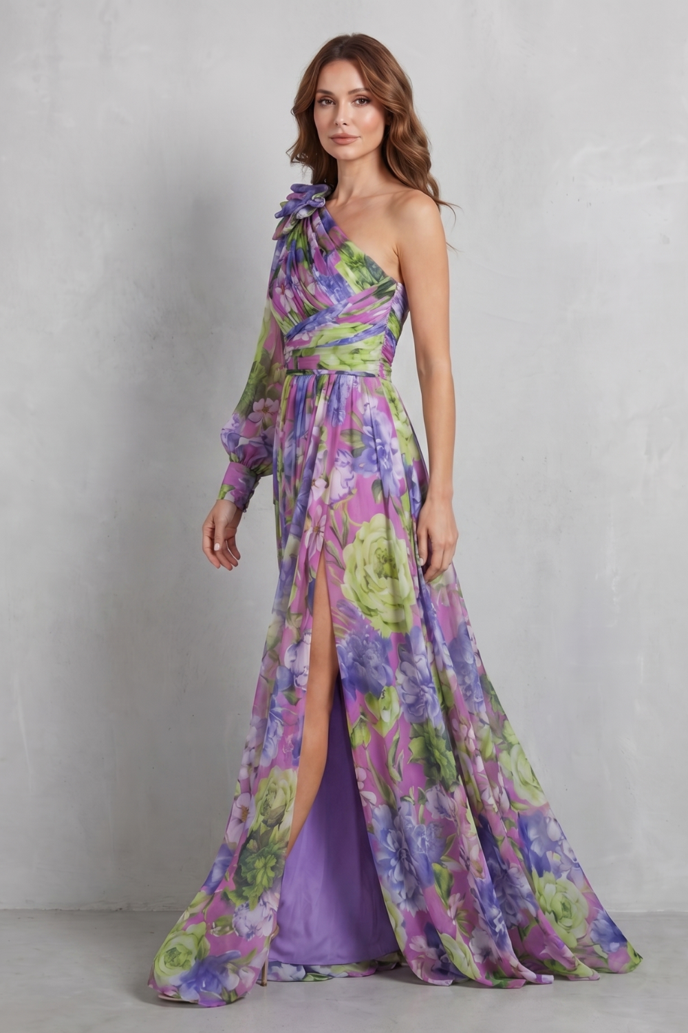 Georgie | Maxi Dress Pink Floral Chiffon One-Shoulder for Women