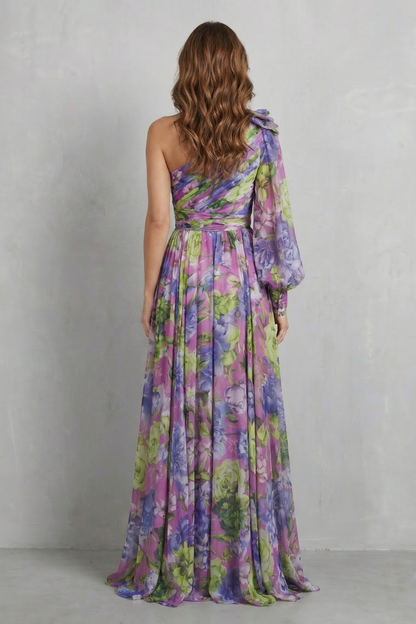 Georgie | Maxi Dress Pink Floral Chiffon One-Shoulder for Women