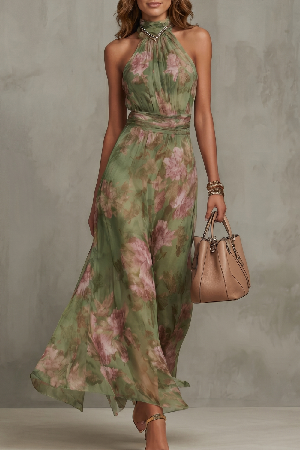 Gillie | Maxi Dress Green Floral Chiffon Halter Neck for Women
