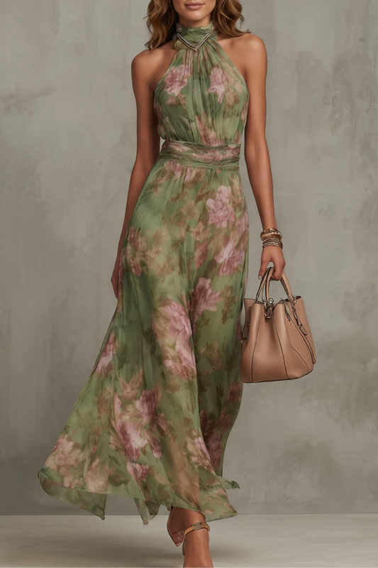 Gillie | Maxi Dress Green Floral Chiffon Halter Neck for Women