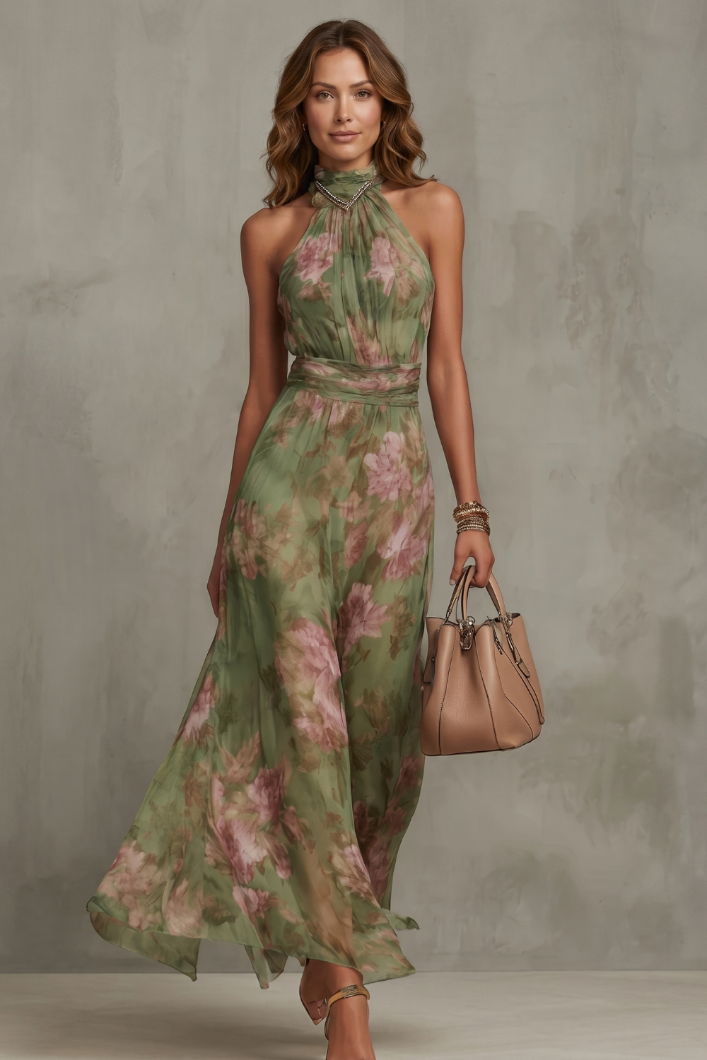 Gillie | Maxi Dress Green Floral Chiffon Halter Neck for Women