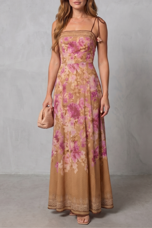 Harriet | Maxi Dress Pink Floral Print Tie-Strap Square Neck for Women