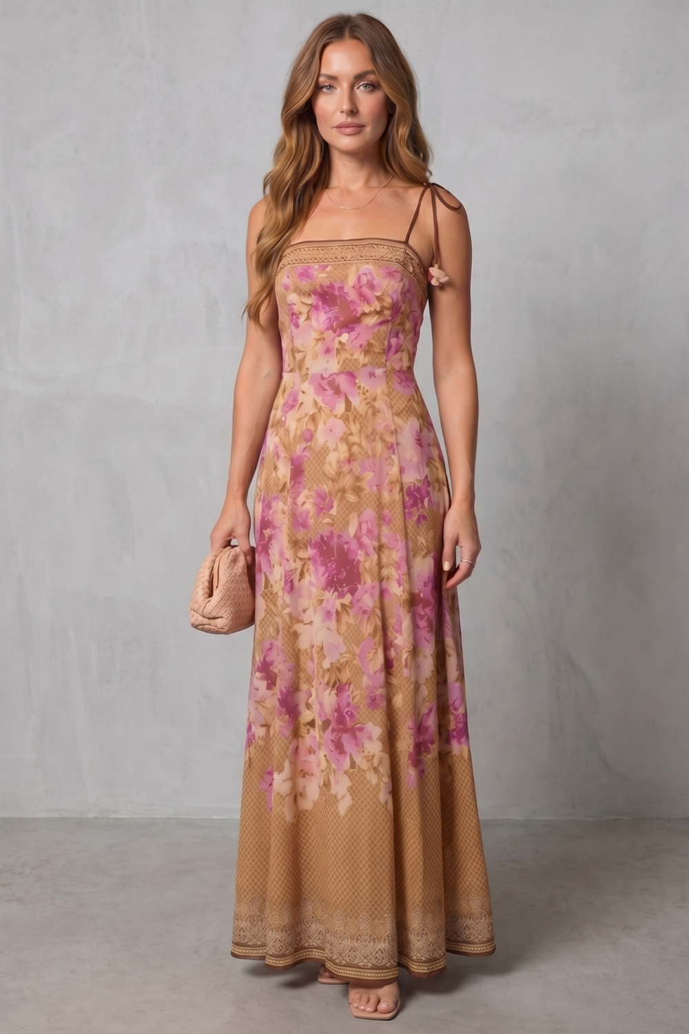 Harriet | Maxi Dress Pink Floral Print Tie-Strap Square Neck for Women