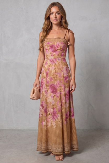 Harriet | Maxi Dress Pink Floral Print Tie-Strap Square Neck for Women