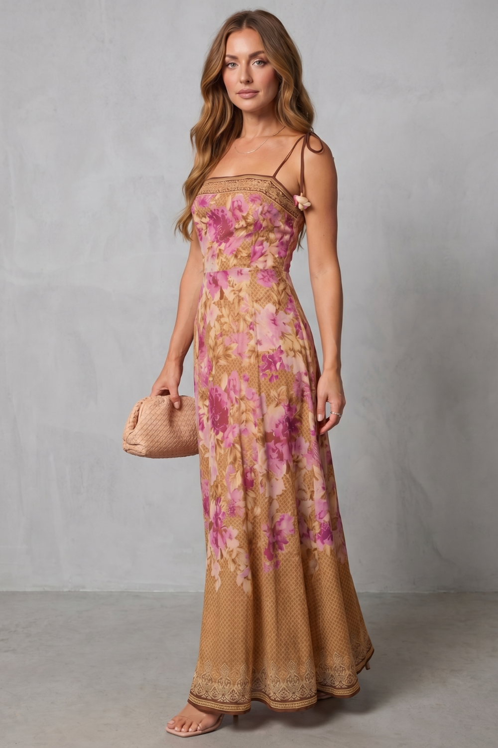 Harriet | Maxi Dress Pink Floral Print Tie-Strap Square Neck for Women