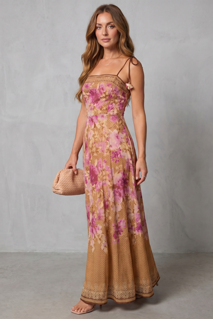 Harriet | Maxi Dress Pink Floral Print Tie-Strap Square Neck for Women