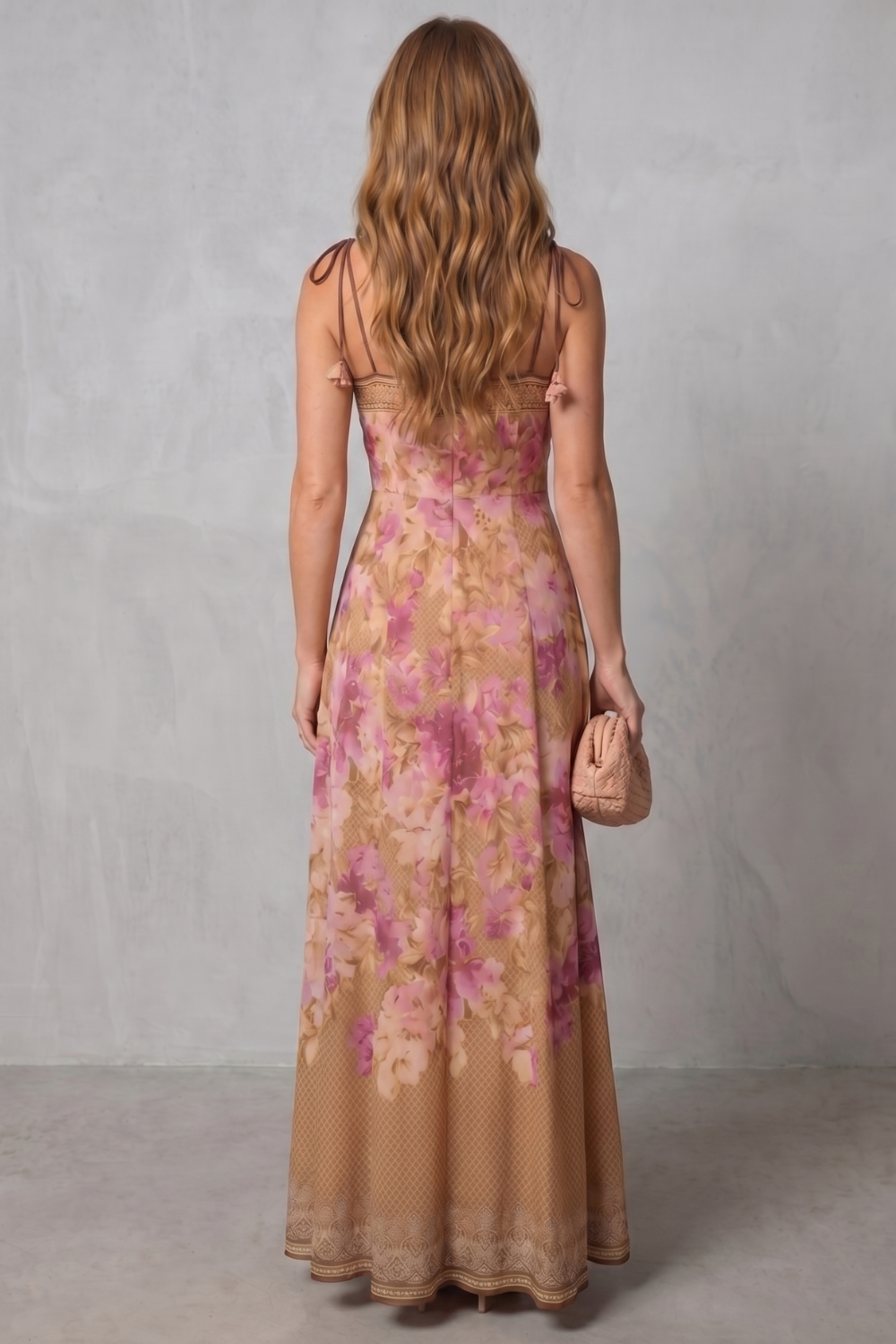 Harriet | Maxi Dress Pink Floral Print Tie-Strap Square Neck for Women