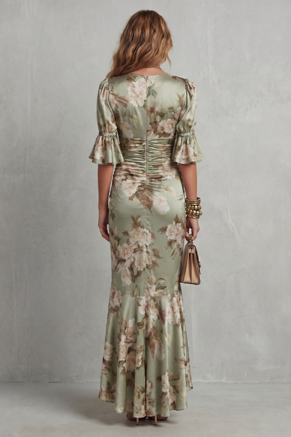 Elspeth | Maxi Dress Sage Green Satin Floral Ruched V-Neck for Women