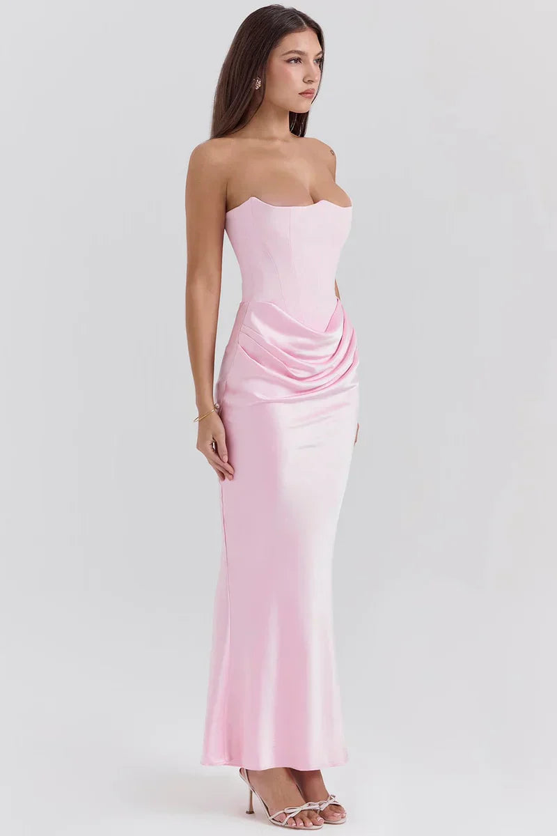 Prue | Maxi Party Dress Pink Satin Strapless Corset for Women