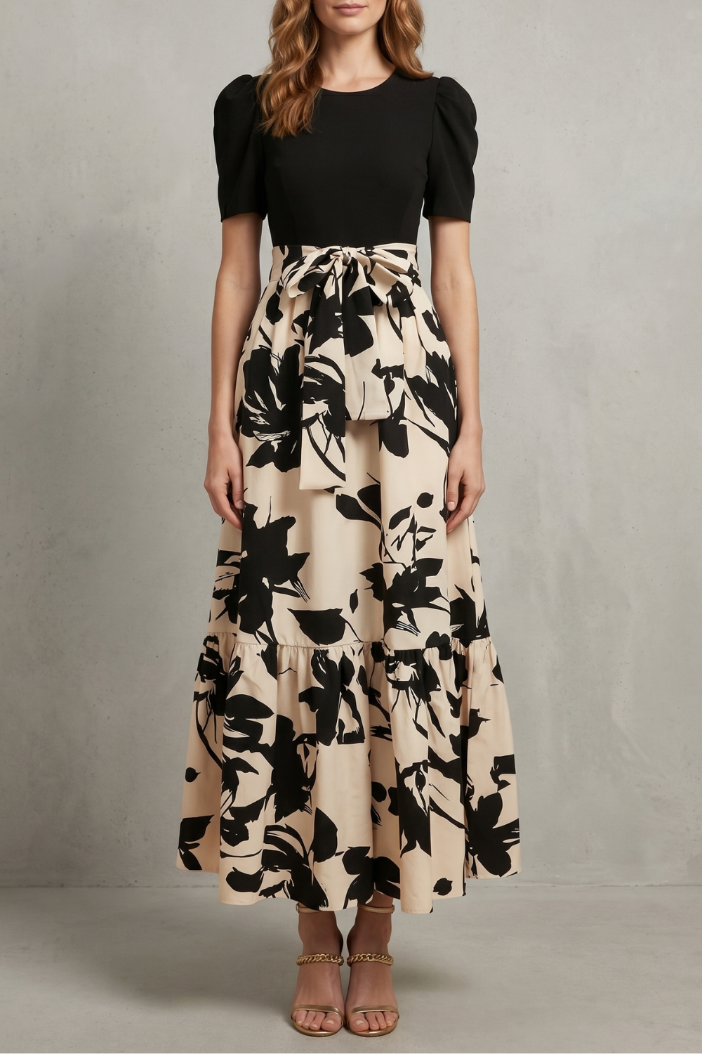 Lucinda | Maxi Dress Black Cream Floral Contrast Puff Sleeve for Women