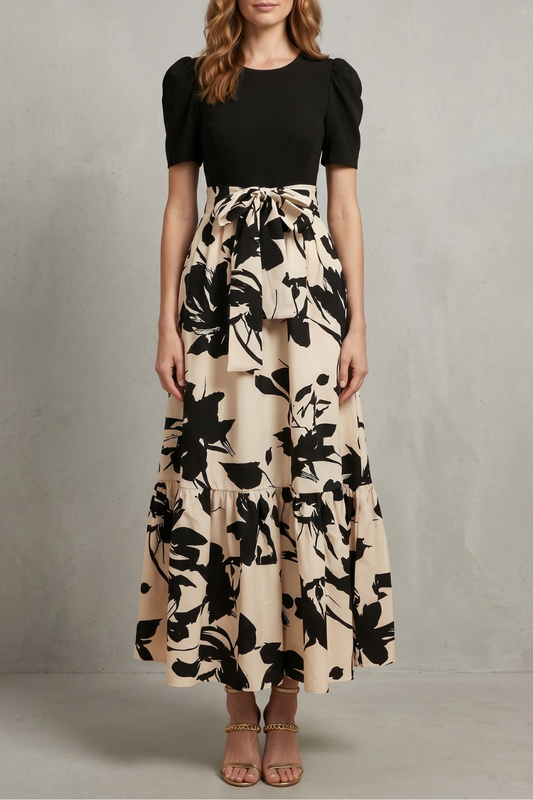 Lucinda | Maxi Dress Black Cream Floral Contrast Puff Sleeve for Women