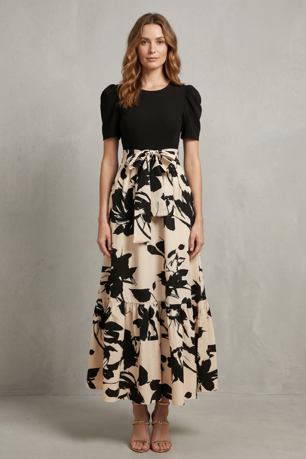 Lucinda | Maxi Dress Black Cream Floral Contrast Puff Sleeve for Women