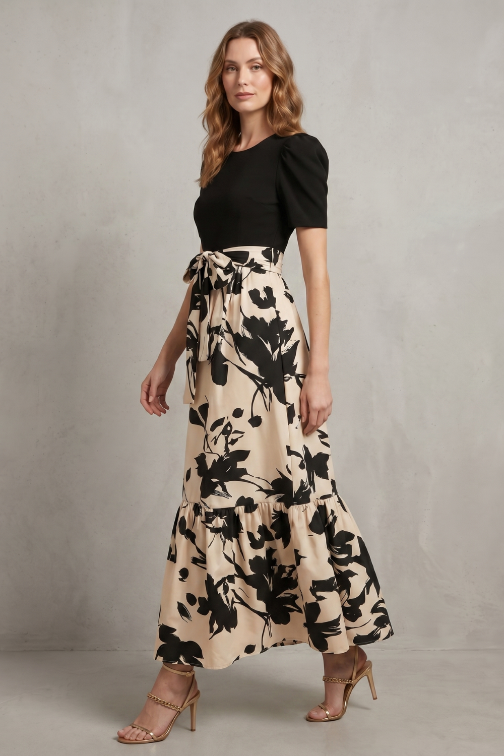 Lucinda | Maxi Dress Black Cream Floral Contrast Puff Sleeve for Women