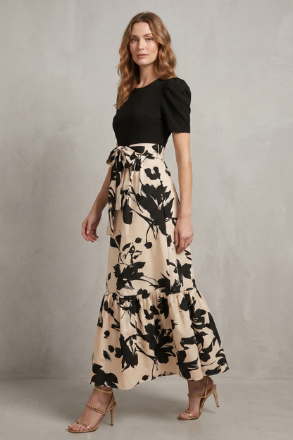 Lucinda | Maxi Dress Black Cream Floral Contrast Puff Sleeve for Women