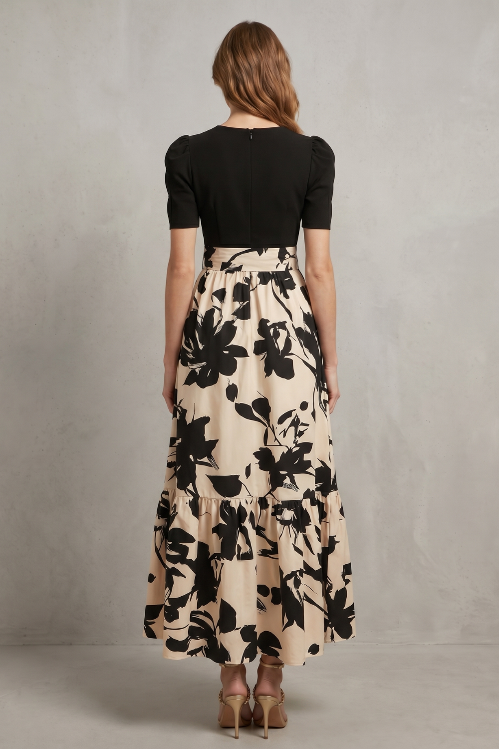 Lucinda | Maxi Dress Black Cream Floral Contrast Puff Sleeve for Women