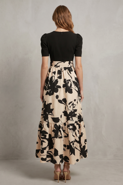 Lucinda | Maxi Dress Black Cream Floral Contrast Puff Sleeve for Women