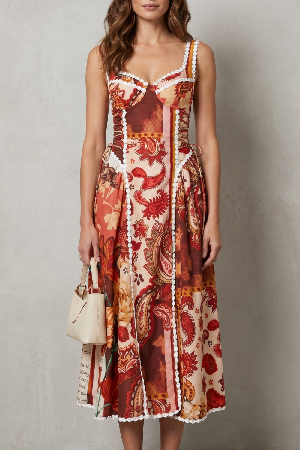 Persephone | Midi Dress Rust Paisley Floral Print Corset Bodice for Women