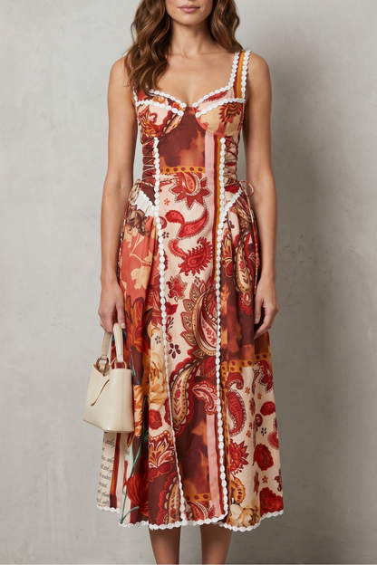 Persephone | Midi Dress Rust Paisley Floral Print Corset Bodice for Women