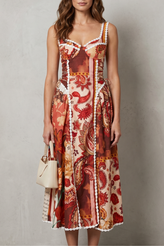 Persephone | Midi Dress Rust Paisley Floral Print Corset Bodice for Women