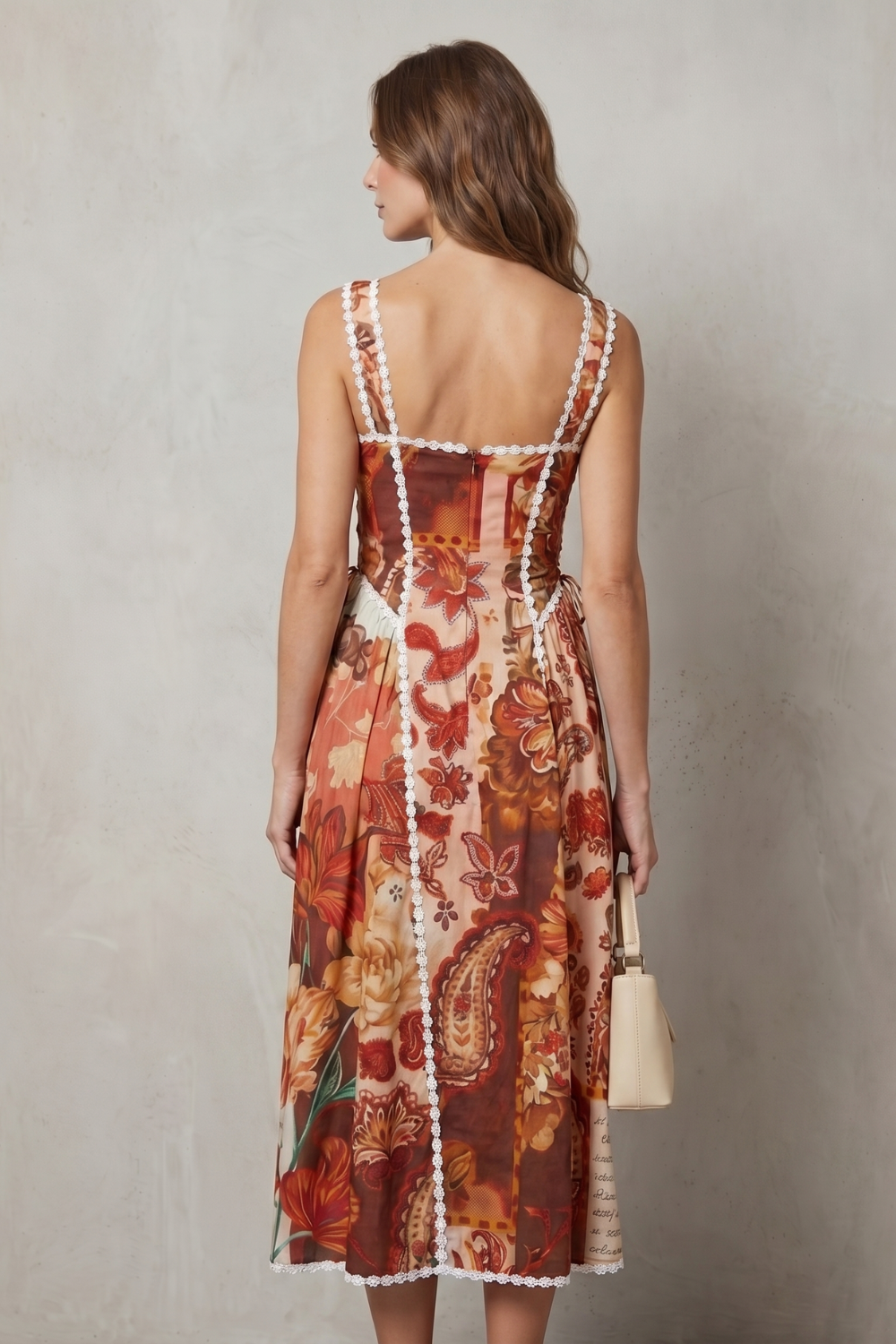 Persephone | Midi Dress Rust Paisley Floral Print Corset Bodice for Women