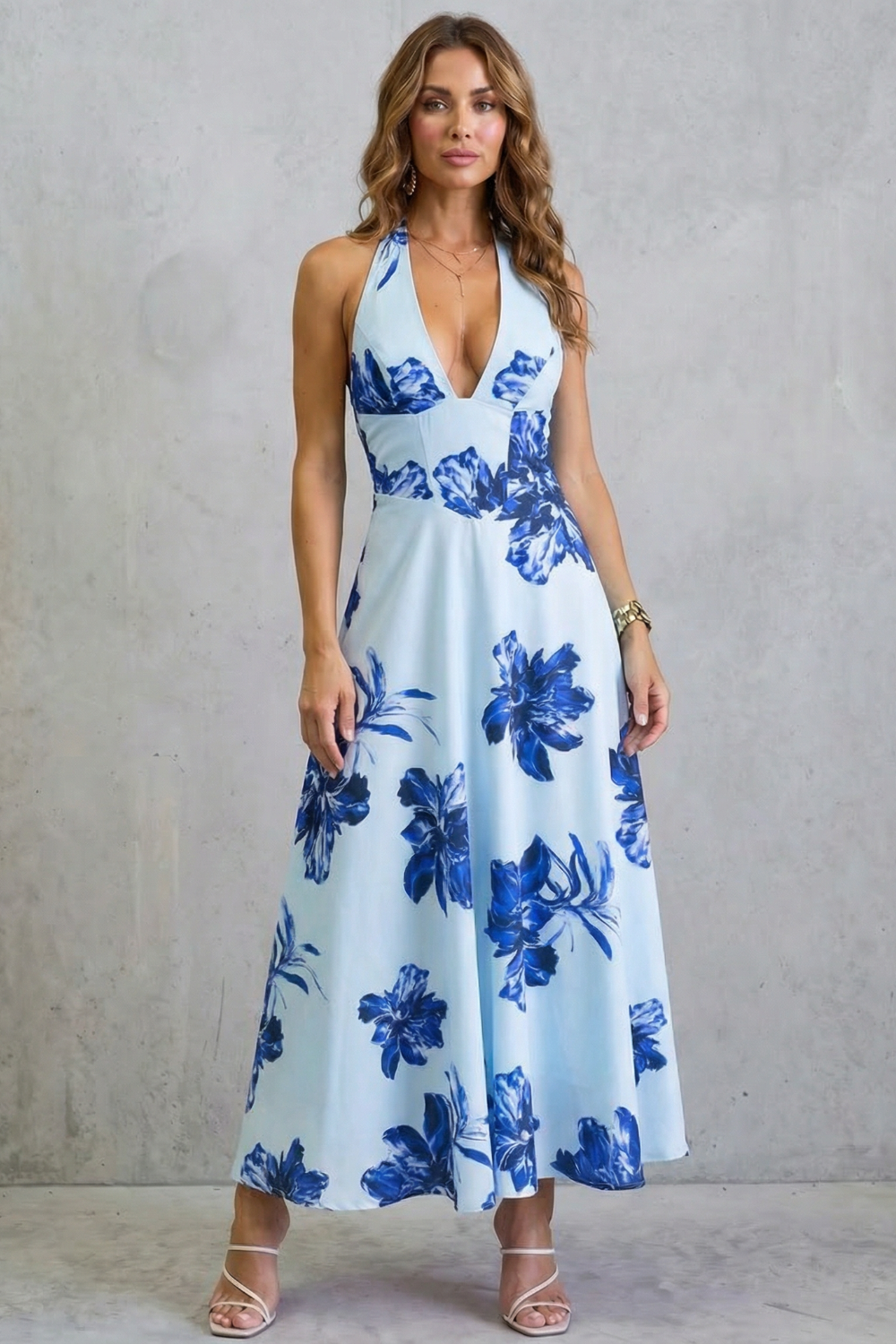 Rosalind | Maxi Dress Pink Floral Satin Halter Neck Backless for Women