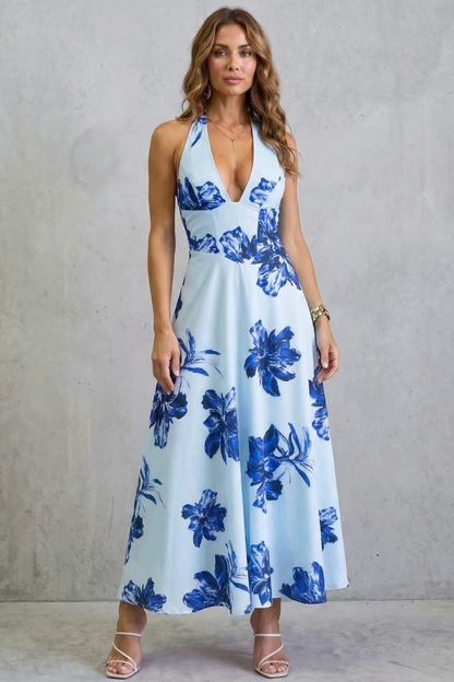 Rosalind | Maxi Dress Pink Floral Satin Halter Neck Backless for Women