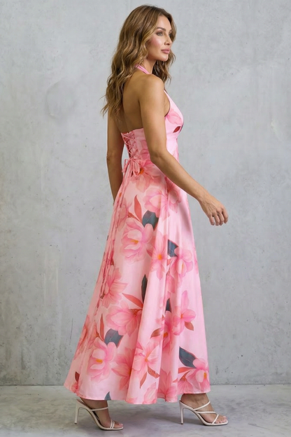 Rosalind | Maxi Dress Pink Floral Satin Halter Neck Backless for Women