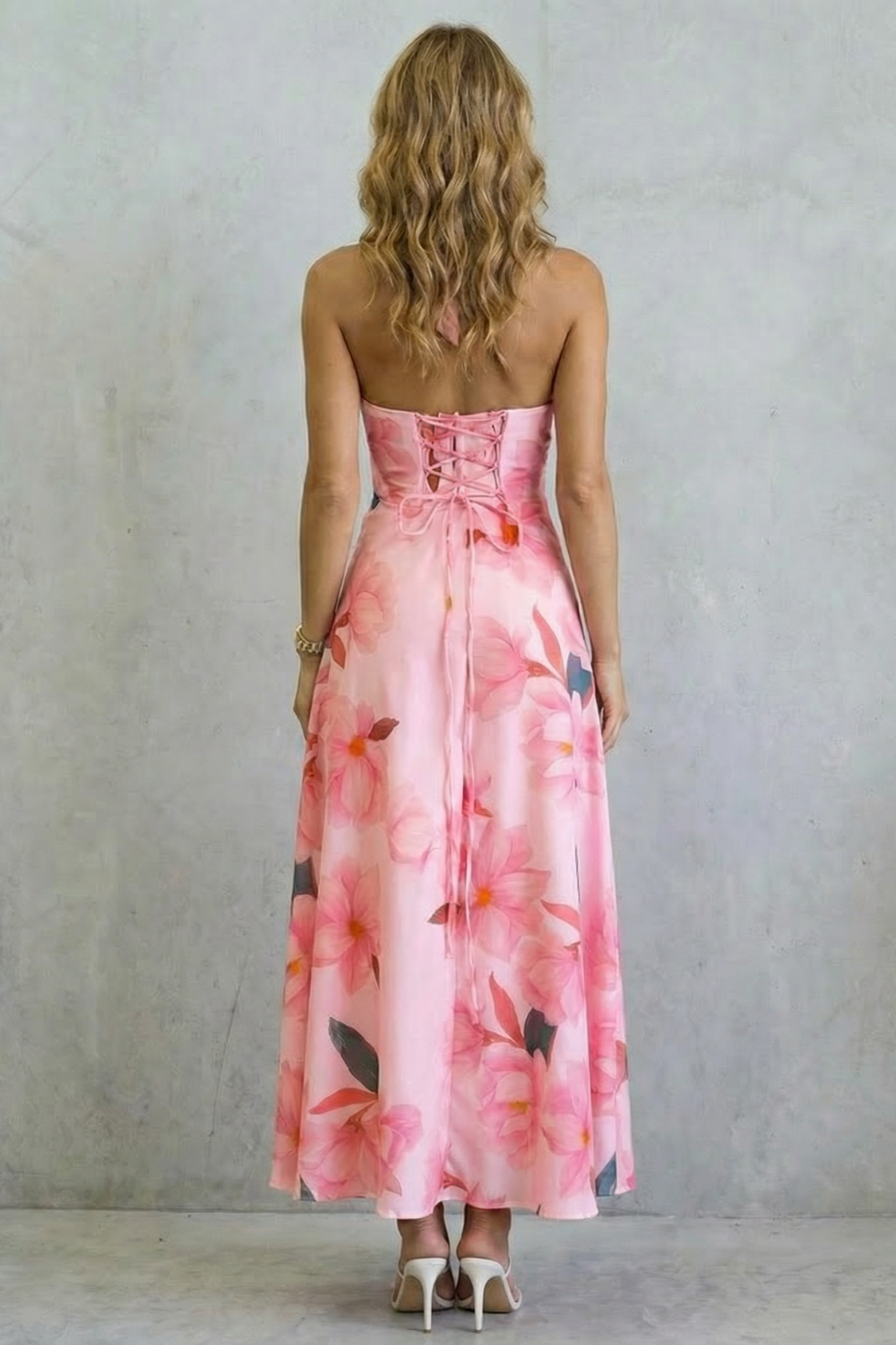 Rosalind | Maxi Dress Pink Floral Satin Halter Neck Backless for Women