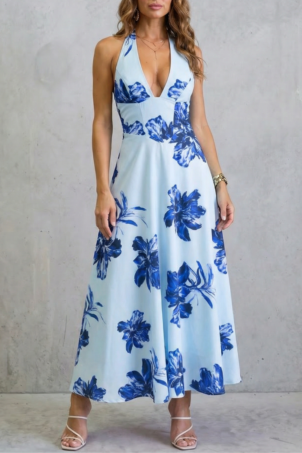 Rosalind | Maxi Dress Pink Floral Satin Halter Neck Backless for Women