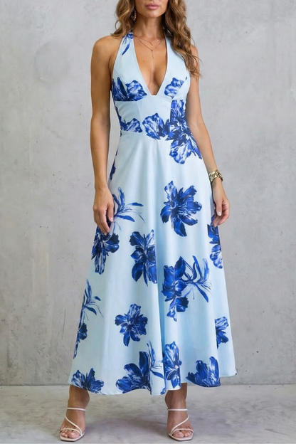 Rosalind | Maxi Dress Pink Floral Satin Halter Neck Backless for Women