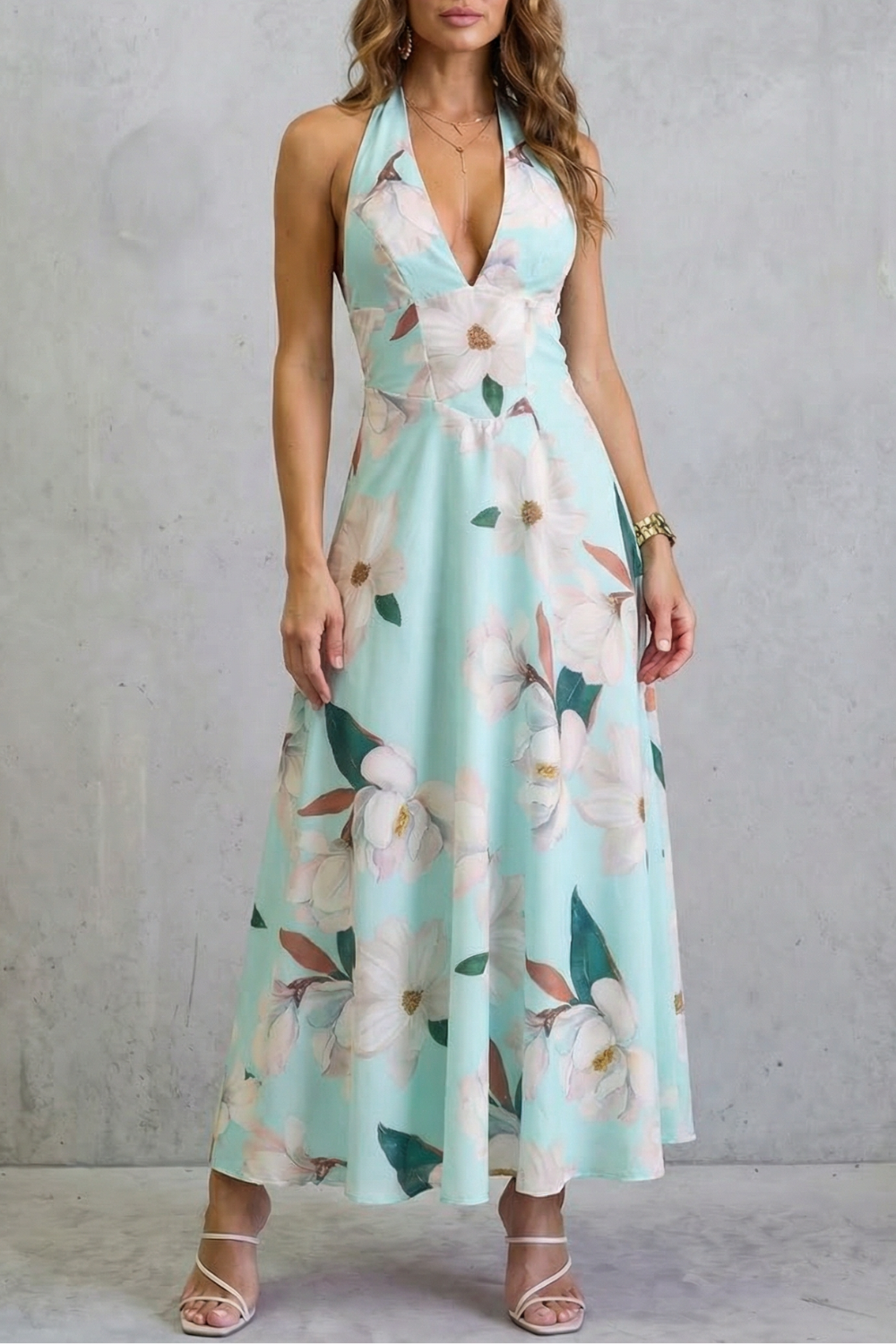 Rosalind | Maxi Dress Pink Floral Satin Halter Neck Backless for Women
