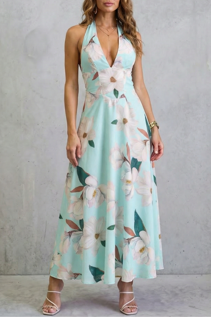 Rosalind | Maxi Dress Pink Floral Satin Halter Neck Backless for Women
