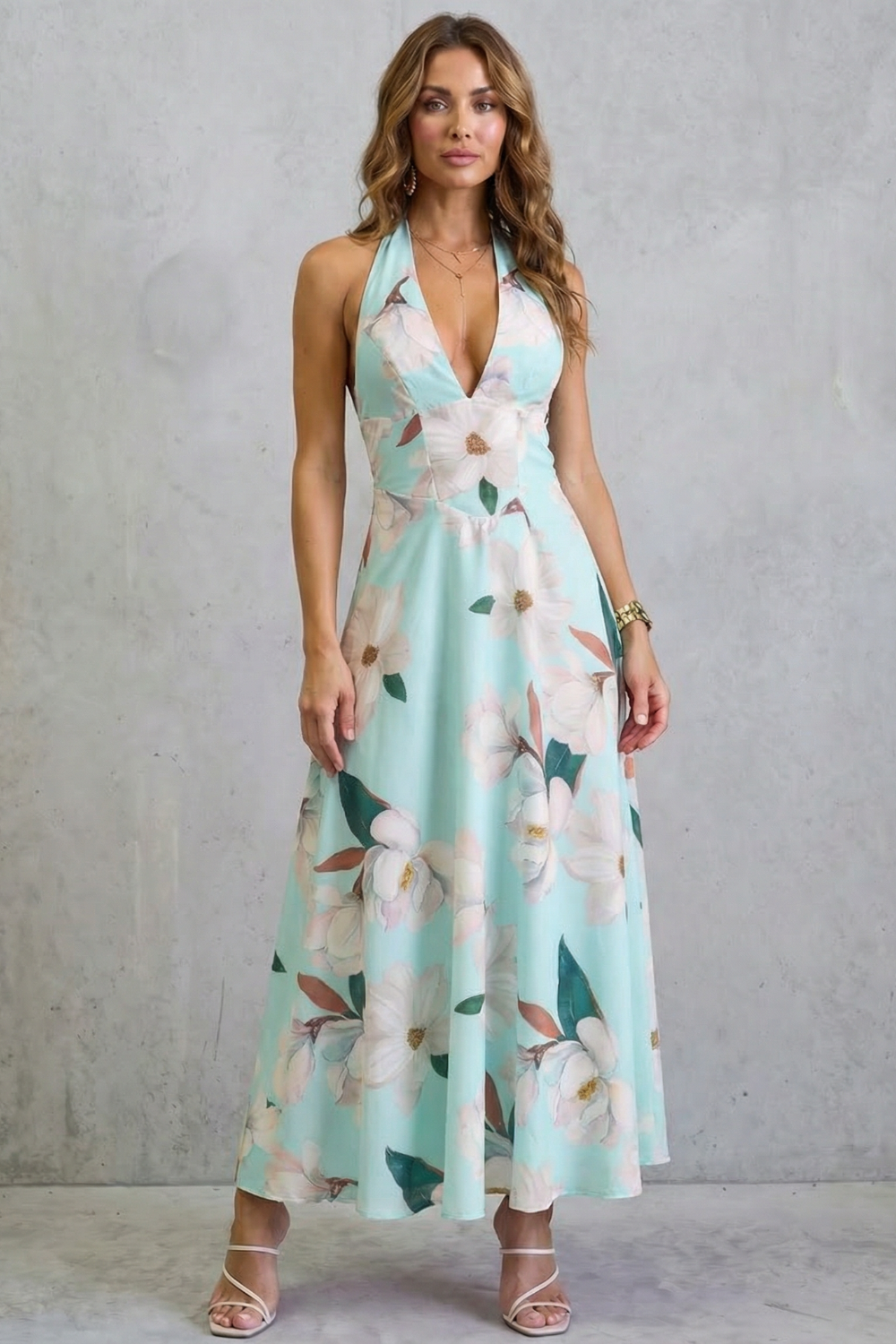 Rosalind | Maxi Dress Pink Floral Satin Halter Neck Backless for Women