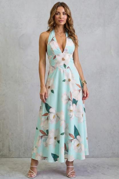 Rosalind | Maxi Dress Pink Floral Satin Halter Neck Backless for Women