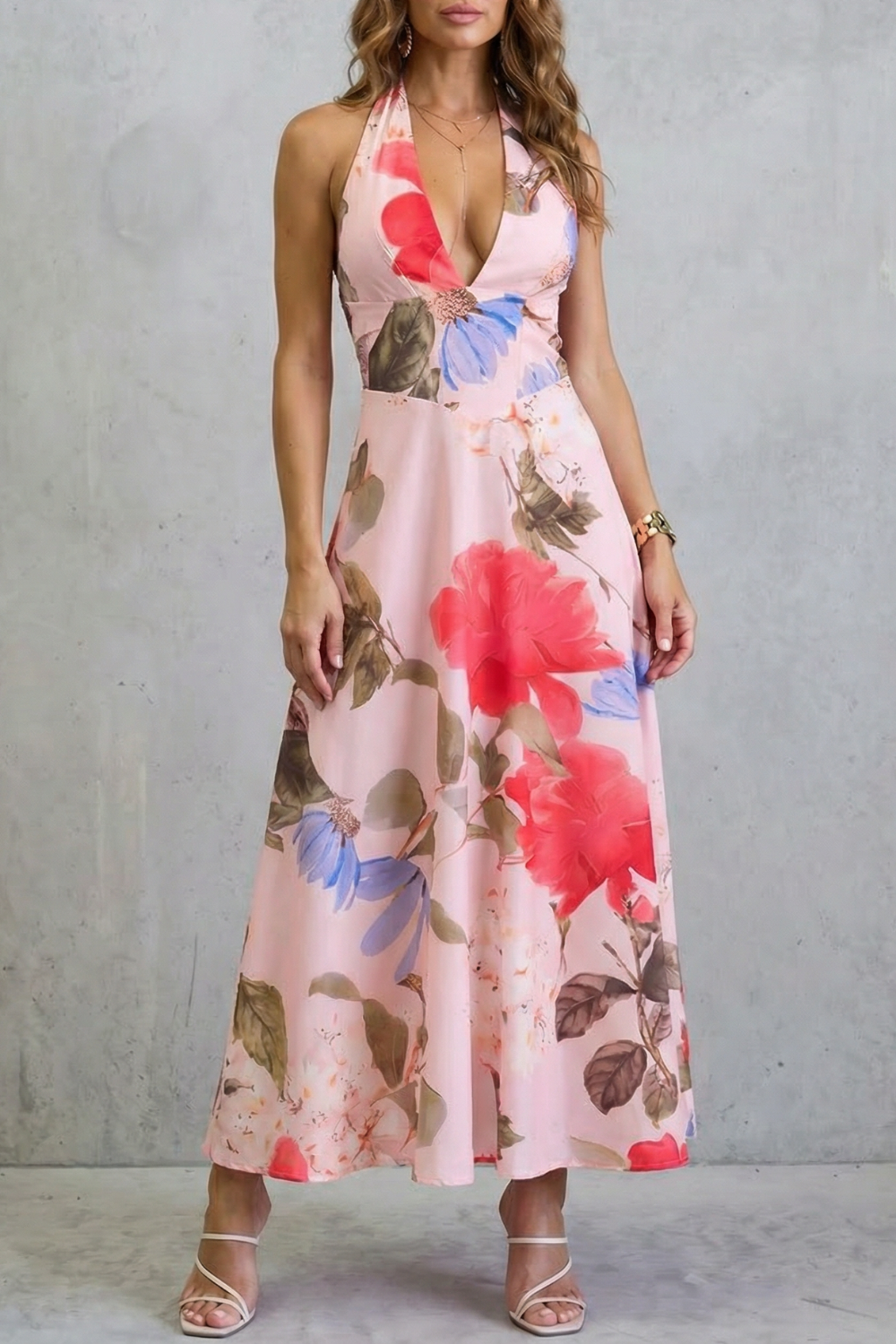 Rosalind | Maxi Dress Pink Floral Satin Halter Neck Backless for Women