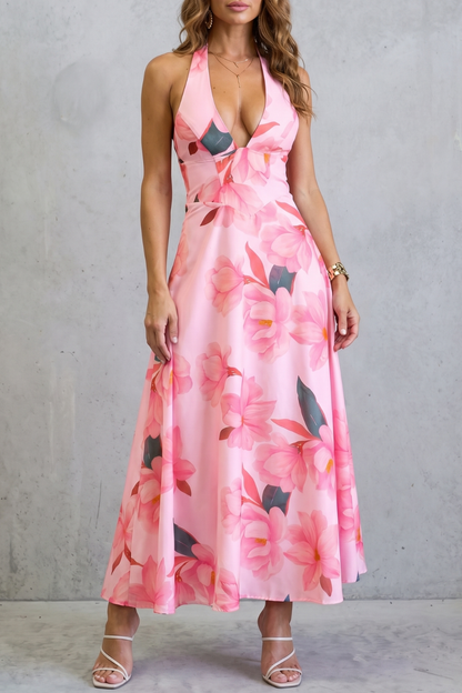 Rosalind | Maxi Dress Pink Floral Satin Halter Neck Backless for Women
