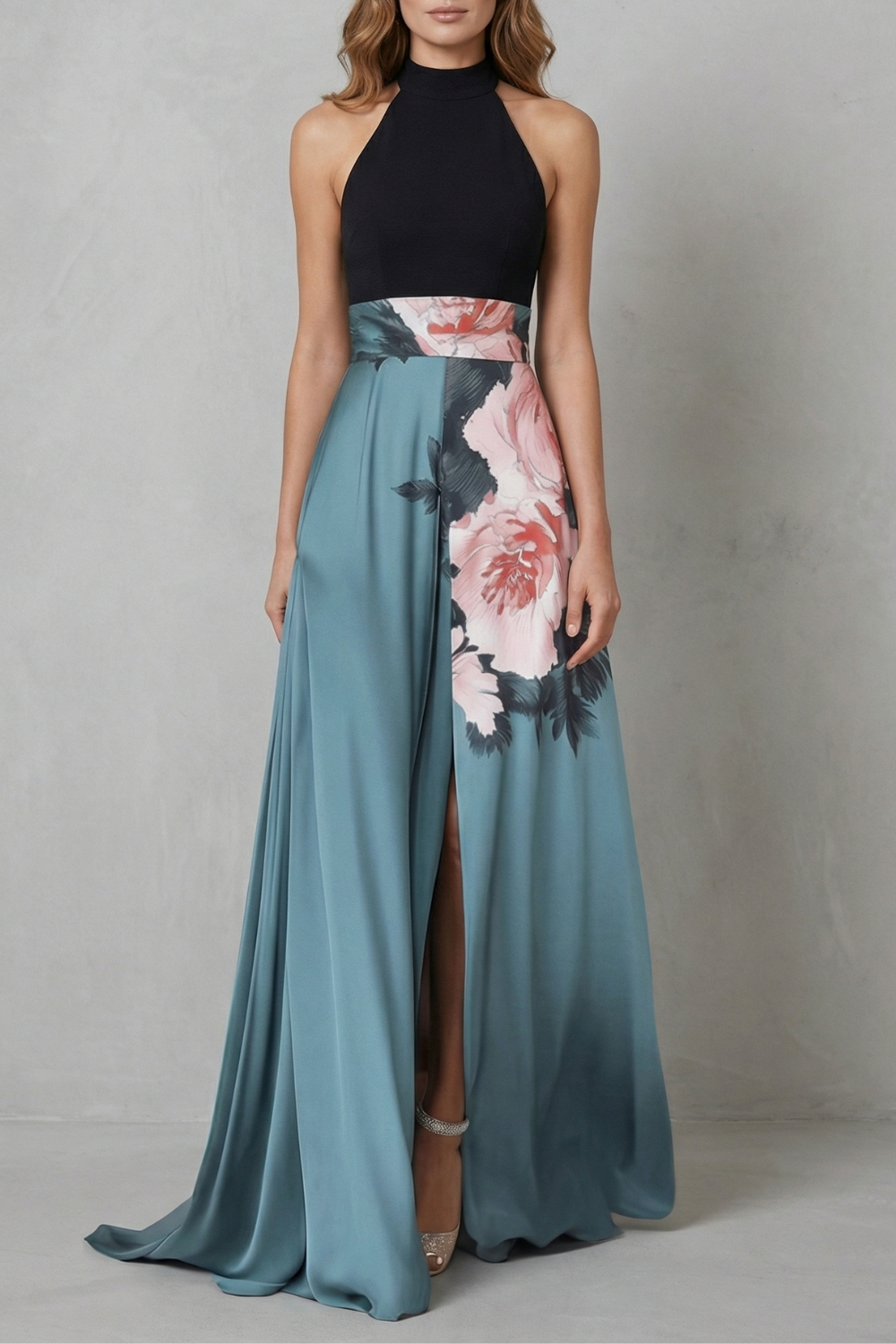 Indira | Maxi Dress Black Teal Floral Print Halter Neck A-Line for Women