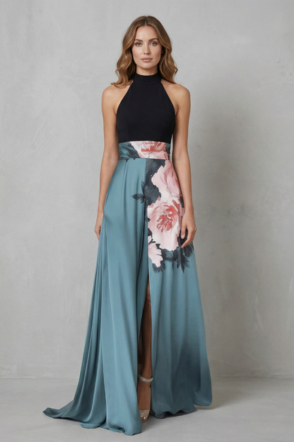 Indira | Maxi Dress Black Teal Floral Print Halter Neck A-Line for Women