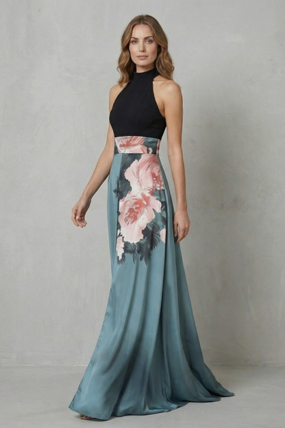 Indira | Maxi Dress Black Teal Floral Print Halter Neck A-Line for Women
