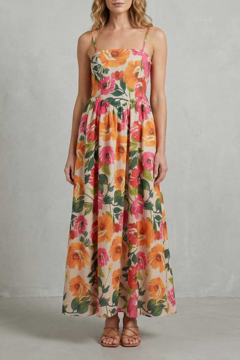 Phoebe | Maxi Dress Cream Floral Print Square Neck Strappy for Women