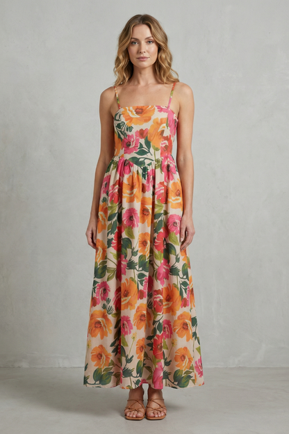 Phoebe | Maxi Dress Cream Floral Print Square Neck Strappy for Women