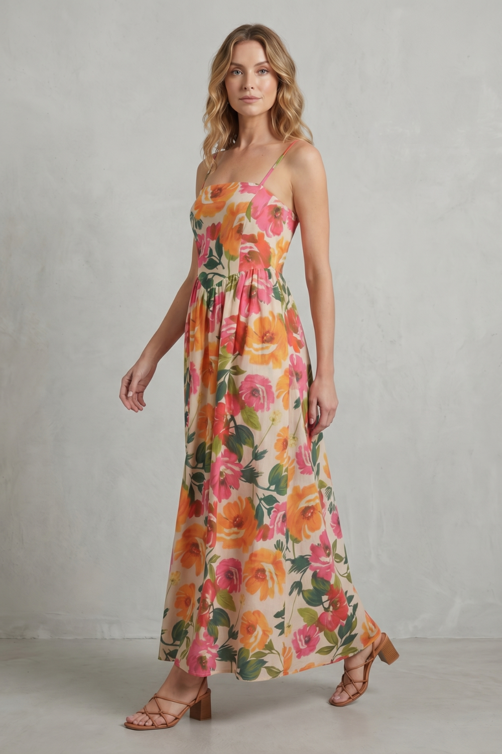 Phoebe | Maxi Dress Cream Floral Print Square Neck Strappy for Women