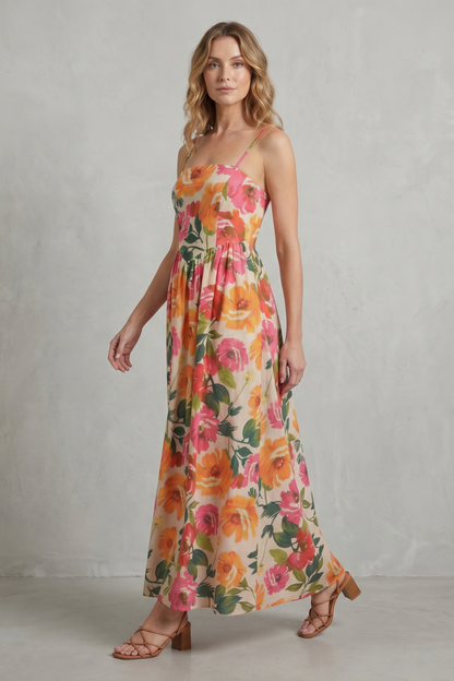 Phoebe | Maxi Dress Cream Floral Print Square Neck Strappy for Women