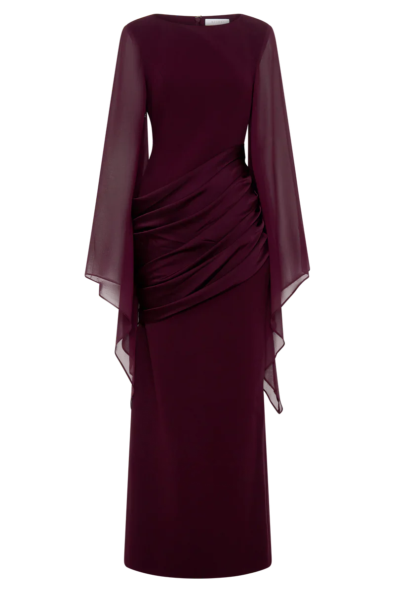 Mabel | Maxi Evening Dress Deep Burgundy Crepe Cape Sleeve for Women